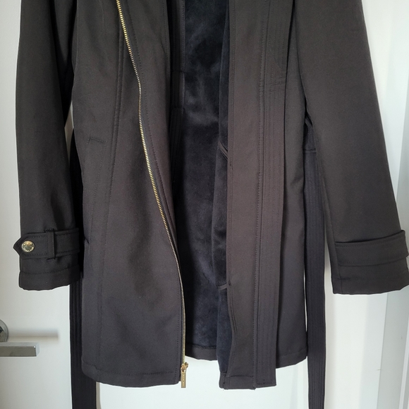 Michael Kors Women Black Full Zip Hooded Belted Fleece Lined Coat Jacket - Picture 4 of 14